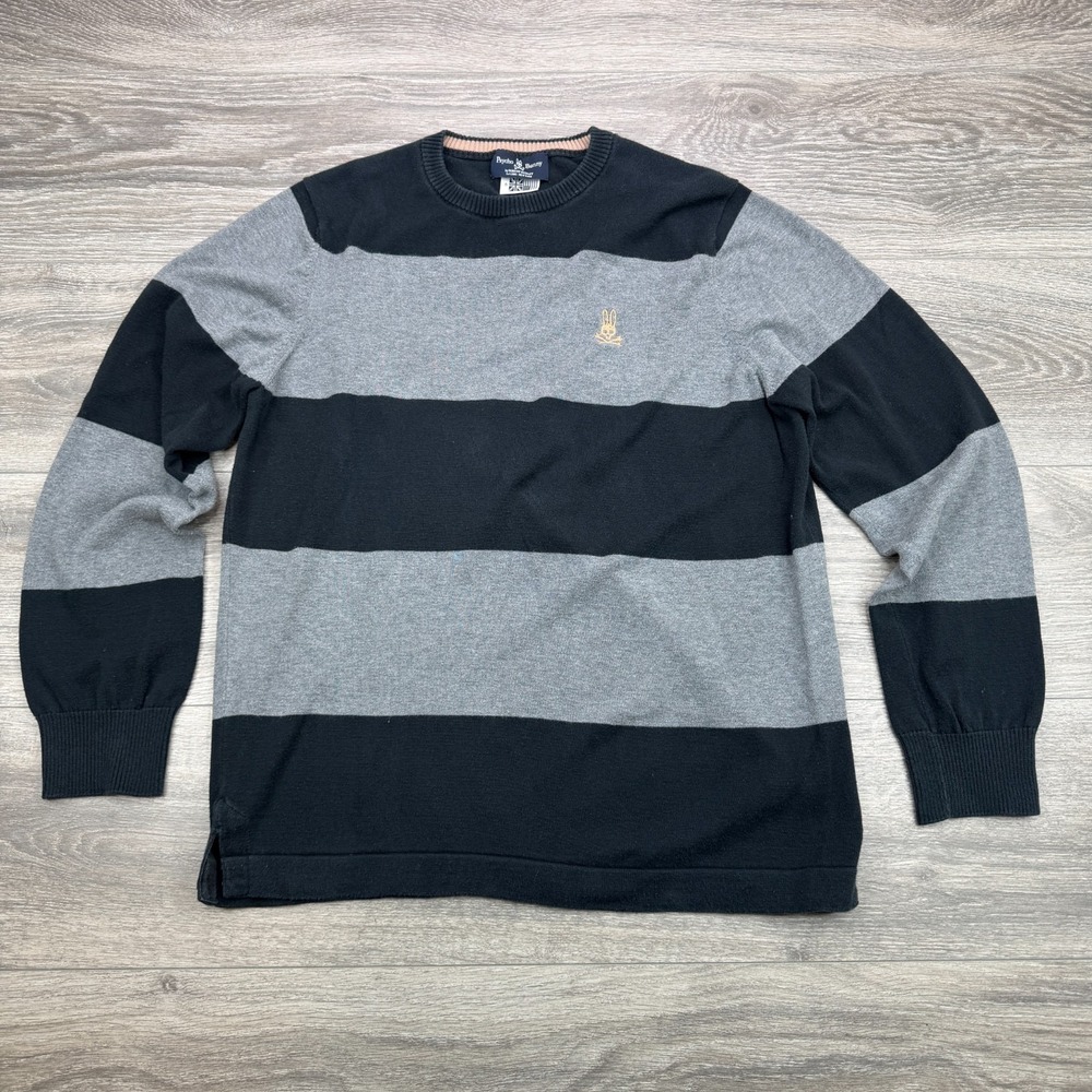 Psycho Bunny Sweater Men Small Black Gray Rugby Striped Crewneck Pima Cotton Y2K
